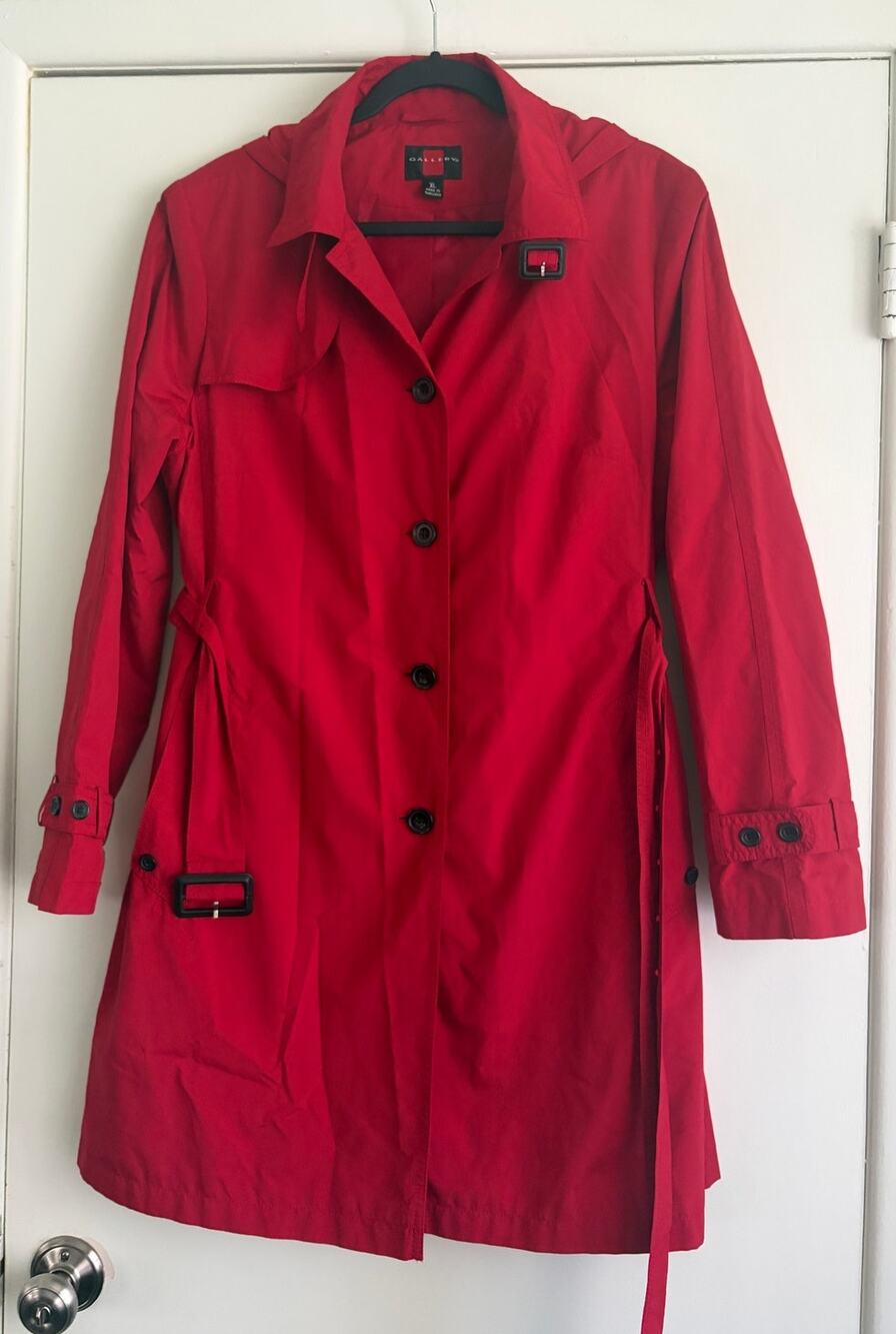 Gallery Womens XL Red Hooded Trench Rain Coat Button Belted Jacket Mid-Length